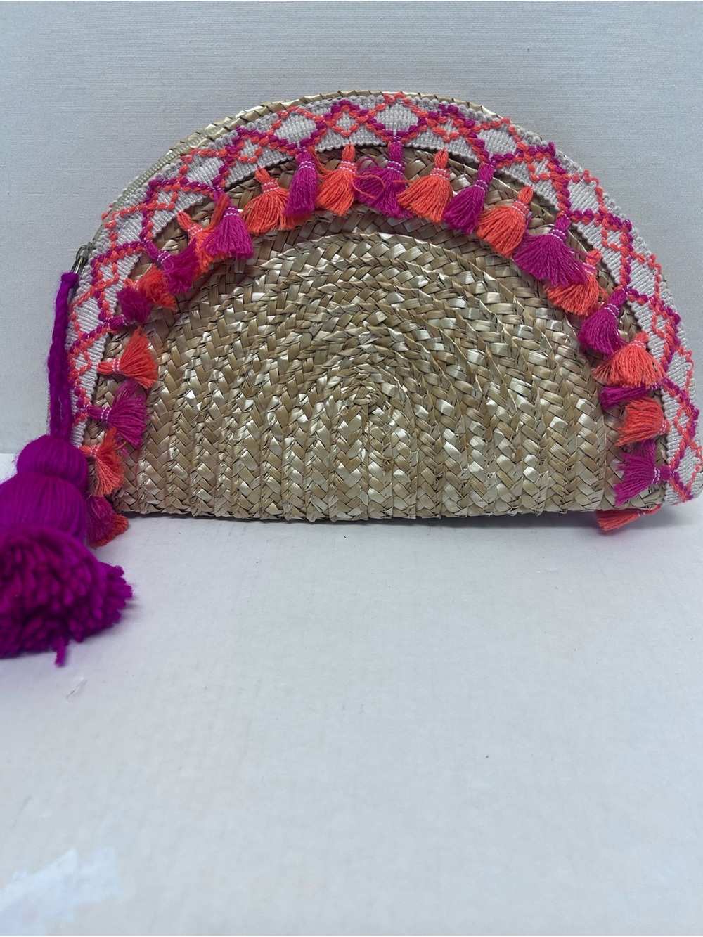 Shiraleah Natural Straw Half-Moon Clutch with Pink & Orange Tassels